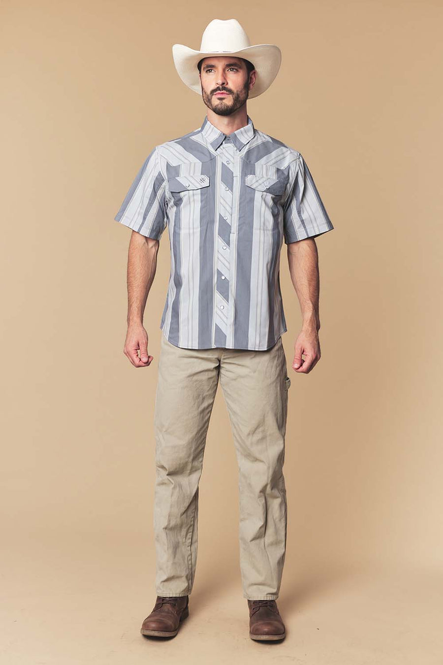 Men's Gray Stripe Western Performance Short Sleeve Shirt