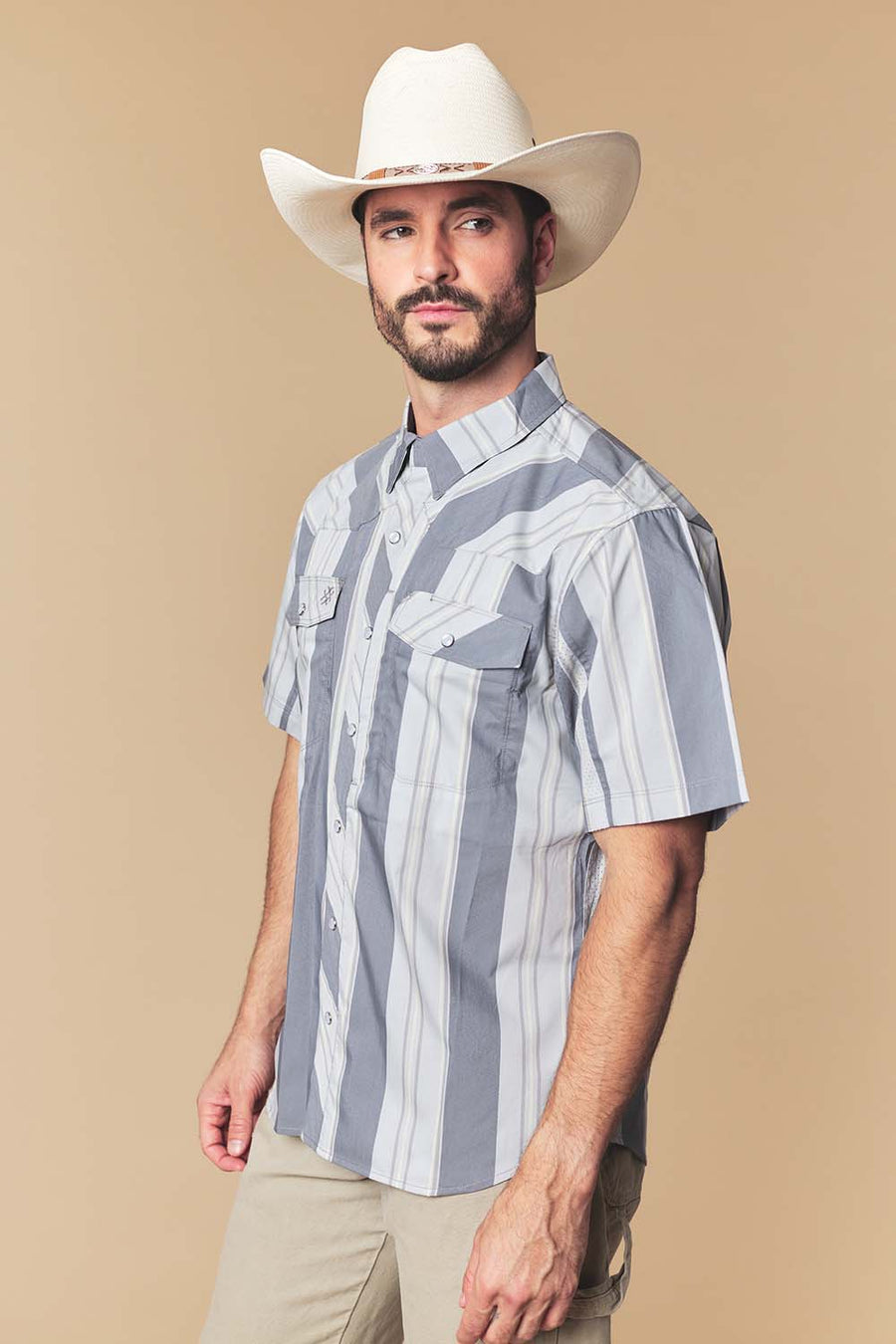 Men's Gray Stripe Western Performance Short Sleeve Shirt