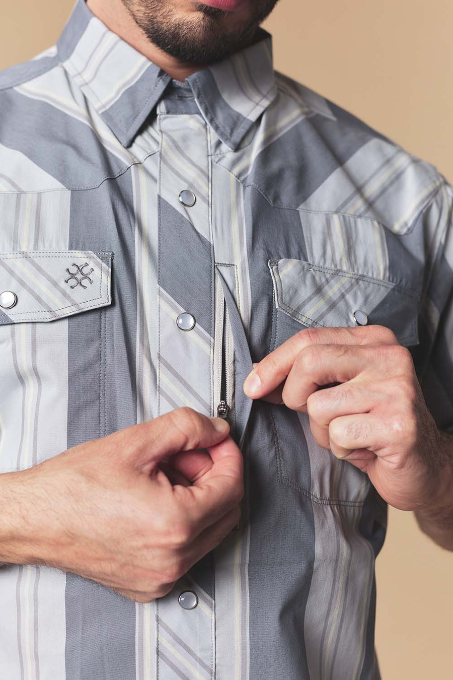 Men's Gray Stripe Western Performance Short Sleeve Shirt