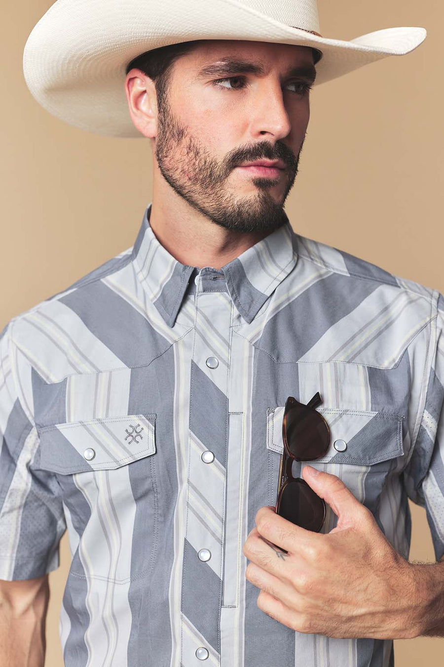 Men's Gray Stripe Western Performance Short Sleeve Shirt